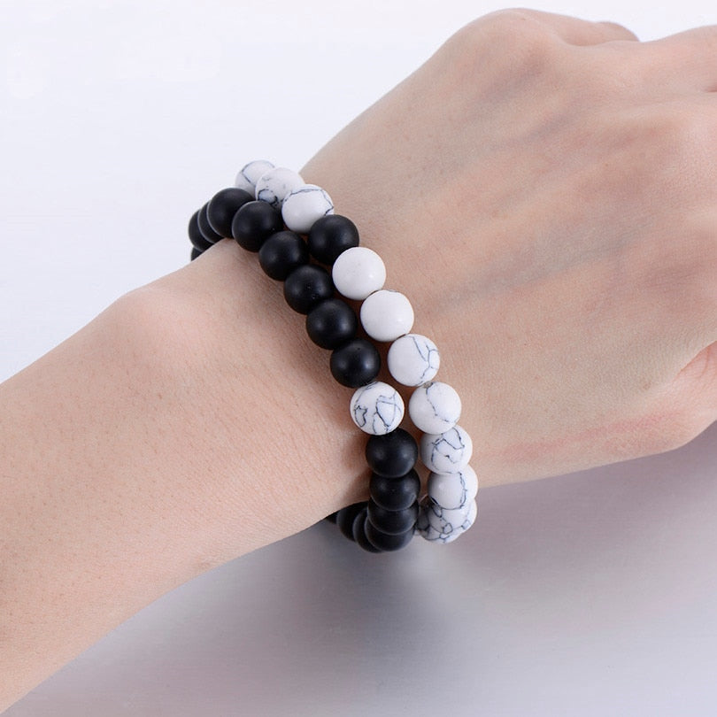 2Pcs/Set Couples Distance Bracelet Classic Natural Stone White and Black Yin Yang Beaded Bracelets for Men Women Best