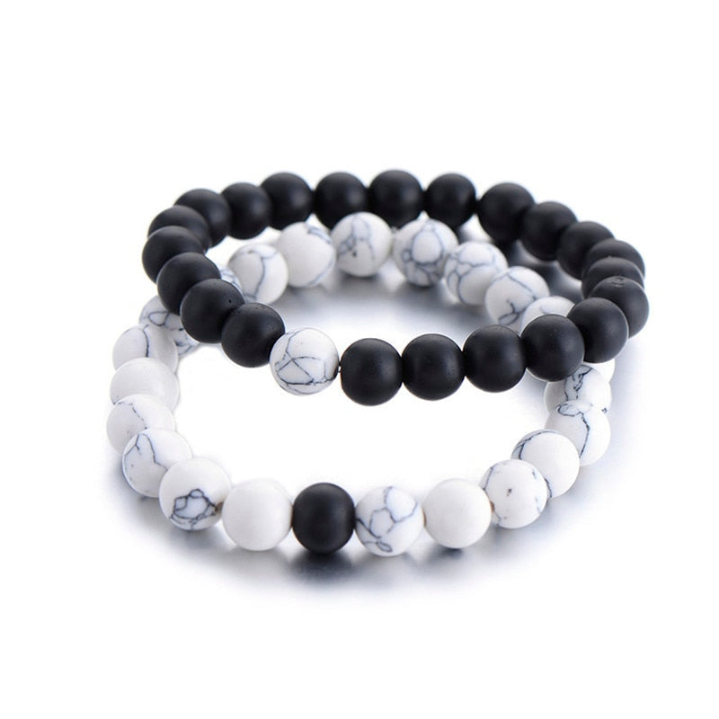 2Pcs/Set Couples Distance Bracelet Classic Natural Stone White and Black Yin Yang Beaded Bracelets for Men Women Best