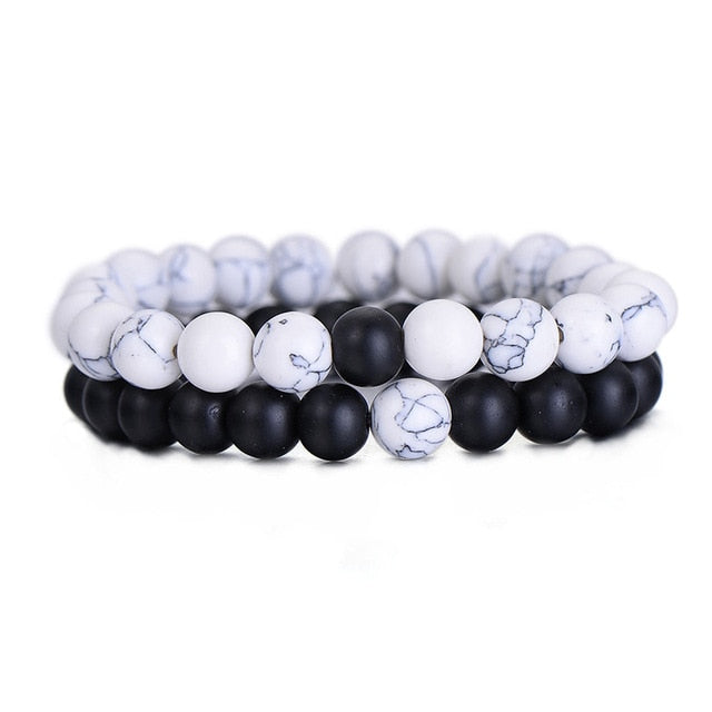 2Pcs/Set Couples Distance Bracelet Classic Natural Stone White and Black Yin Yang Beaded Bracelets for Men Women Best